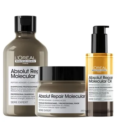 Възстановяващ сет шампоан, маска и олио за увредена коса за увредена коса Loreal Professionnel Absolut Repair Molecular