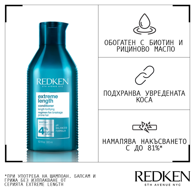 Балсам за дълга и здрава коса, обогатен с биотин и рициново масло Redken Extreme Length Conditioner with Biotin 300ml — 4
