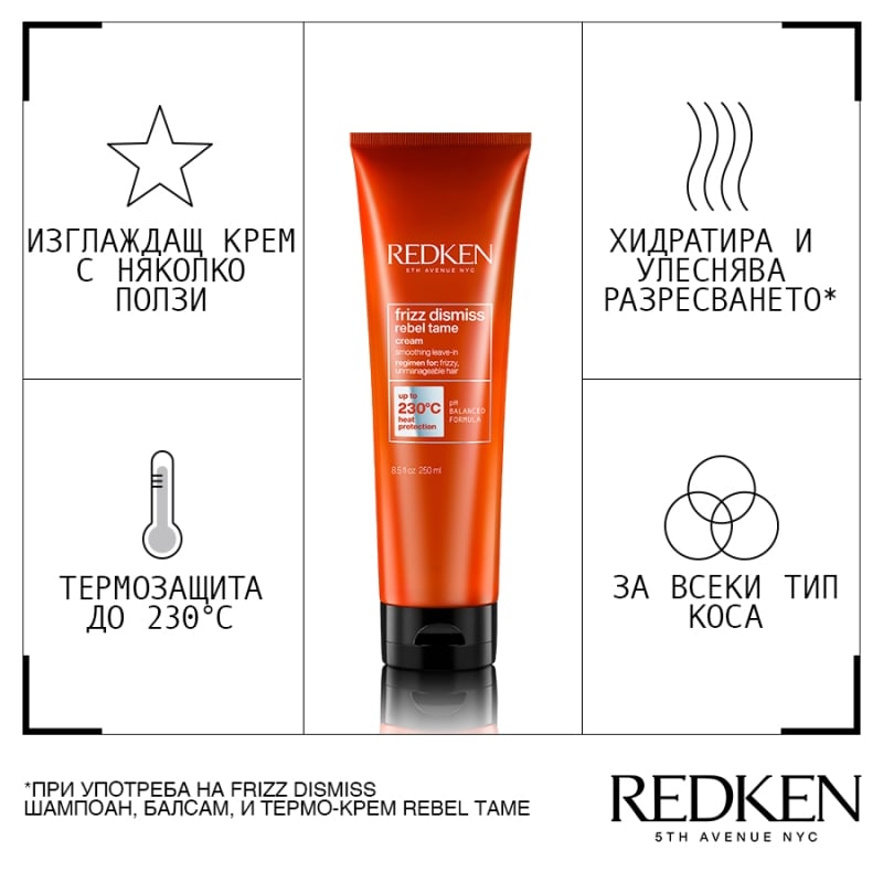 Термозащитен крем с хидратиращ ефект за непокорна коса Redken Frizz Dismiss Rebel Tame Leave-In Cream 250ml — 6