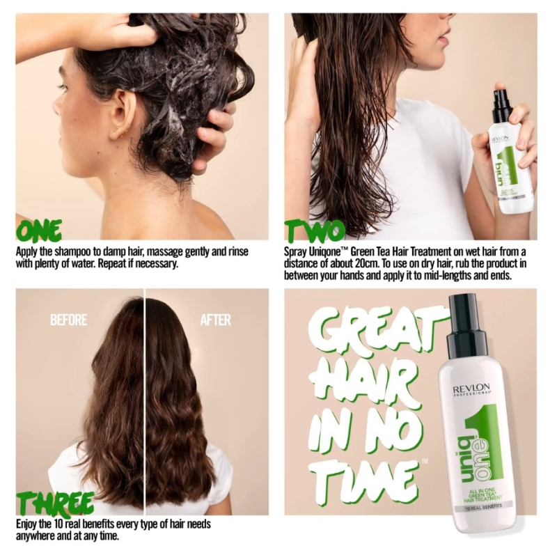 10 в 1 Спрей маска без отмиване с аромат на зелен чай UniqOne Hair Treatment Green Tea Fragrance 150ml — 3