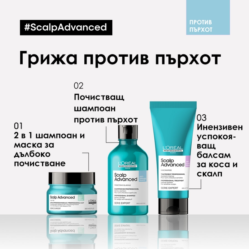 Почистващ шампоан против пърхот за всеки тип коса Loreal Professionnel Serie Expert Scalp Advanced Anti-Dandruff Dermo-Clarifier Shampoo 300ml — 2