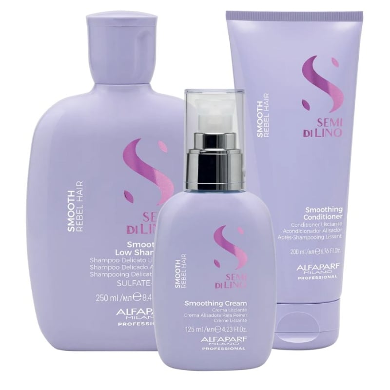 Заглаждащ комплект за цъфтяща и непокорна коса Alfaparf Semi di Lino Smooth Rebel Hair Shampoo + Conditioner + Cream
