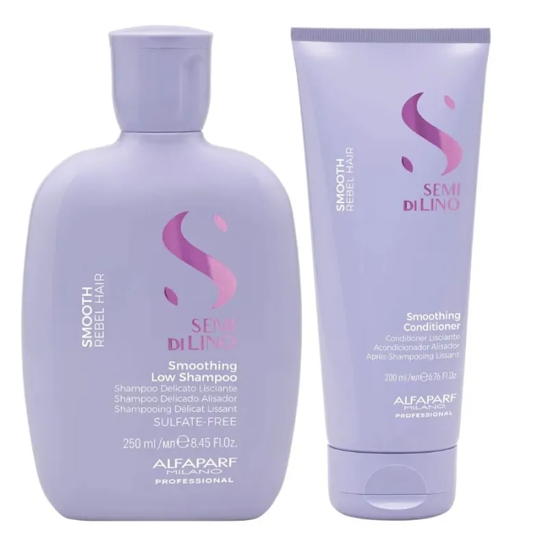 Изглаждащ сет за цъфтяща и непокорна коса Alfaparf Semi di Lino Smooth Rebel Hair Shampoo + Conditioner