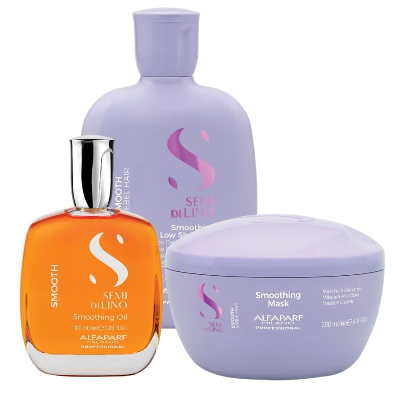 Изглаждащ комплект за цъфтяща и непокорна коса Alfaparf Semi di Lino Smooth Rebel Hair Shampoo + Mask + Oil