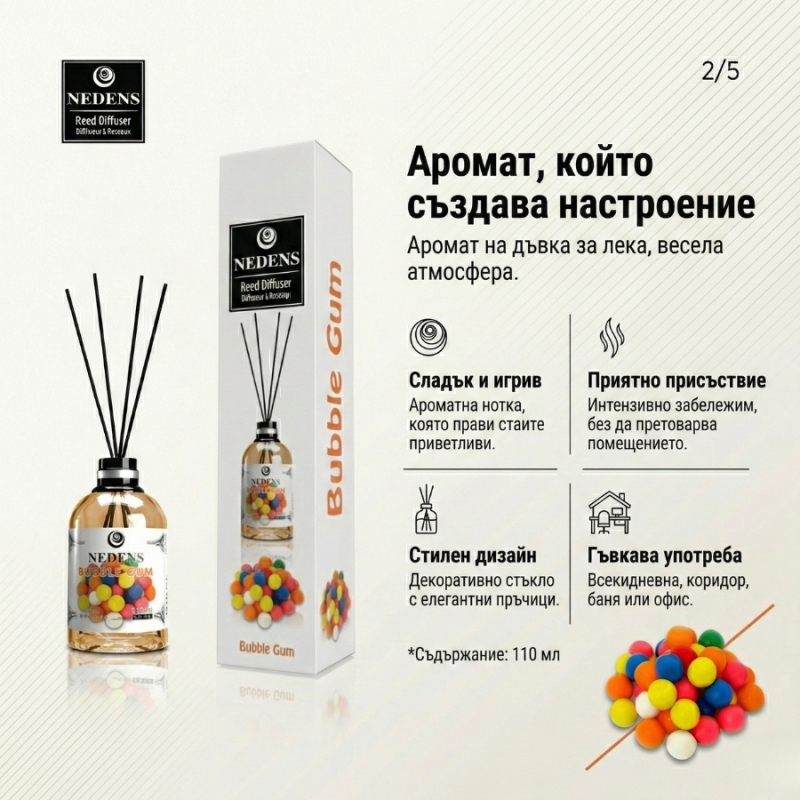 Ароматизатор за дома с ухание на дъвка Nedens Bubble Gum Reed Diffuser 110ml — 3