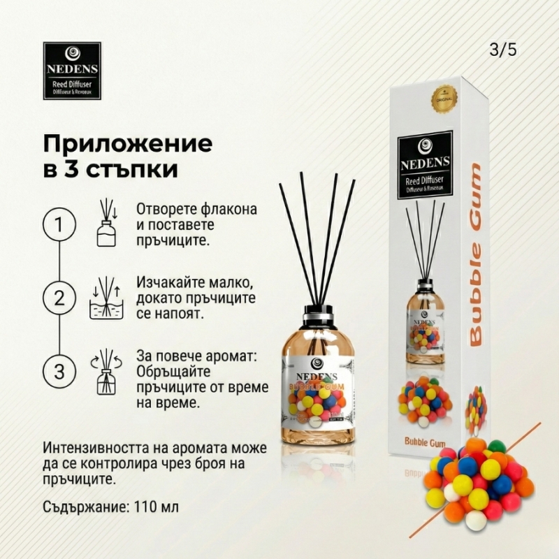 Ароматизатор за дома с ухание на дъвка Nedens Bubble Gum Reed Diffuser 110ml — 4