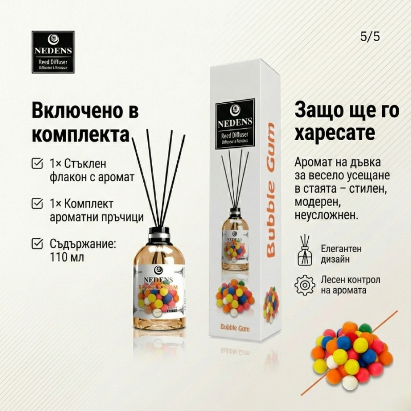 Ароматизатор за дома с ухание на дъвка Nedens Bubble Gum Reed Diffuser 110ml — 6